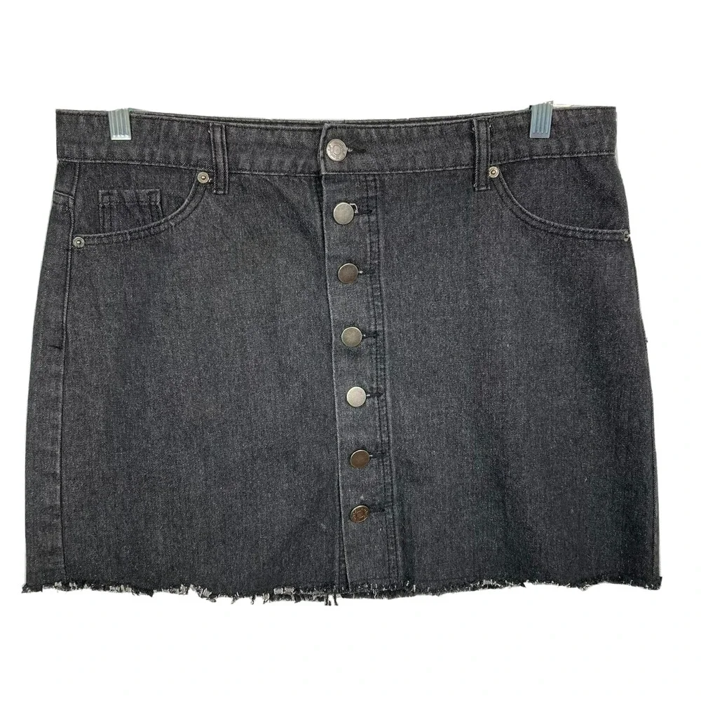 Mudpie‎ Skirt Womens Sz L Black Denim Jean Button Front Frayed Hem Mini